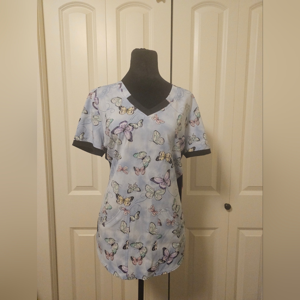 Scrubstar Scrub Top  Butterfly Print Short Sleeve Top - Multicolor SZ M NWT